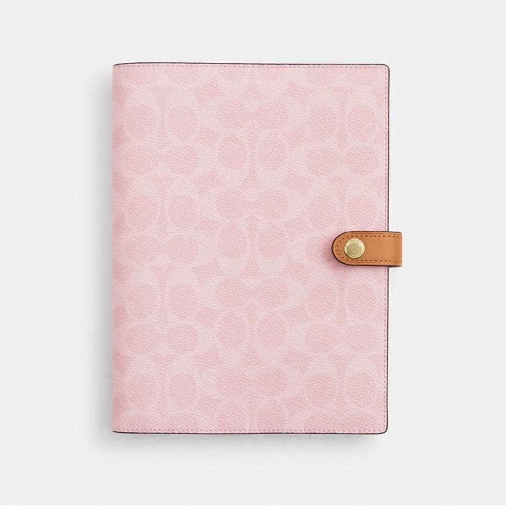 NWT Coach Pebble Pink Monogram  Notebook with Tan Button Closure